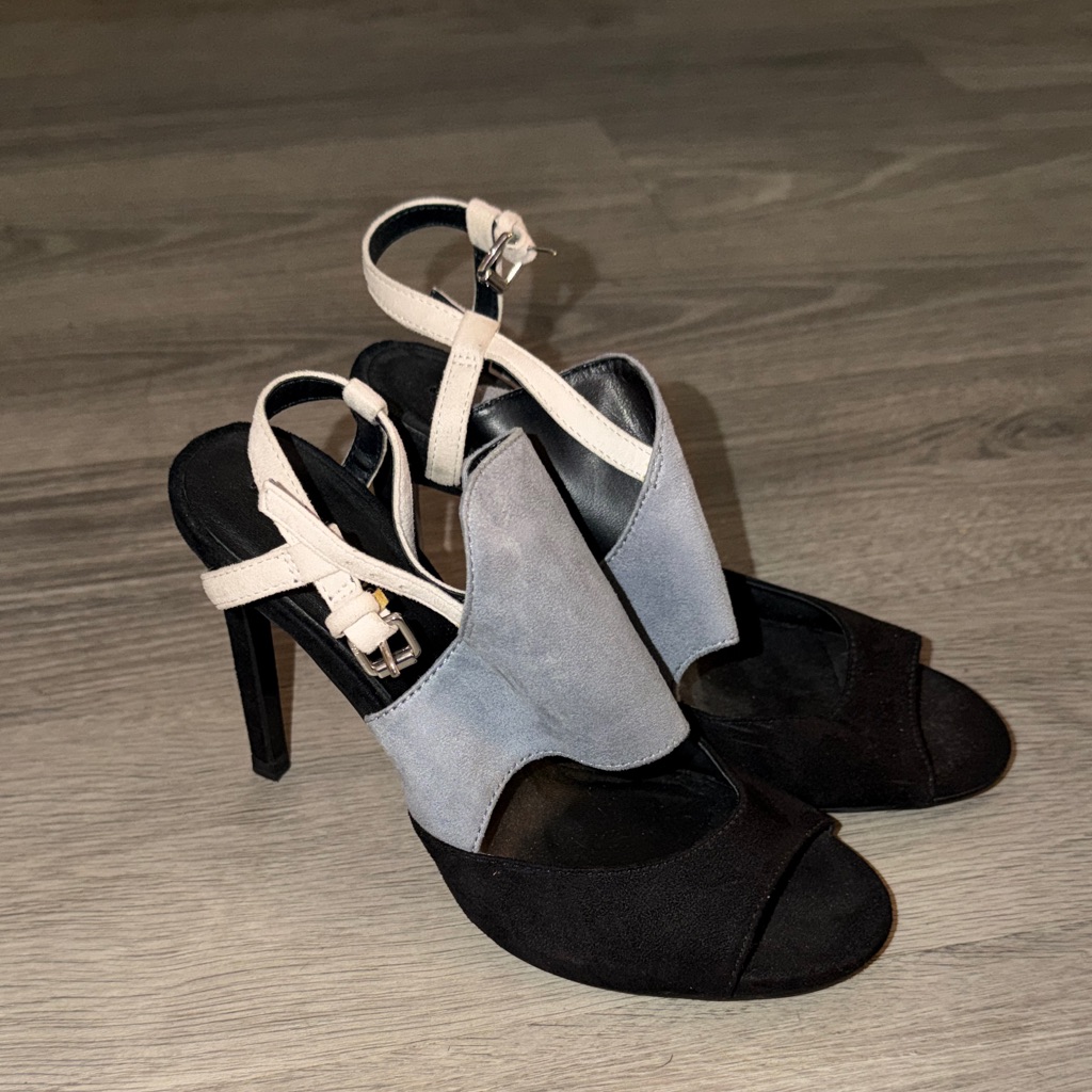 Zara Tri-Tone Suede Open-Toe High Heel Sandals - Black, Light Gray & Cream